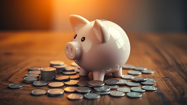 thrift. Piggy bank surrounded by scattered coins on a wooden table, symbolizing savings and financial planning. pitch deck slides.