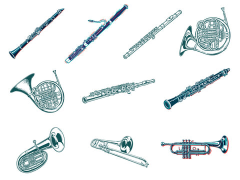 Detailed vector illustrations of wind and brass musical instruments including clarinet bassoon flute french horn oboe euphonium trombone trumpet