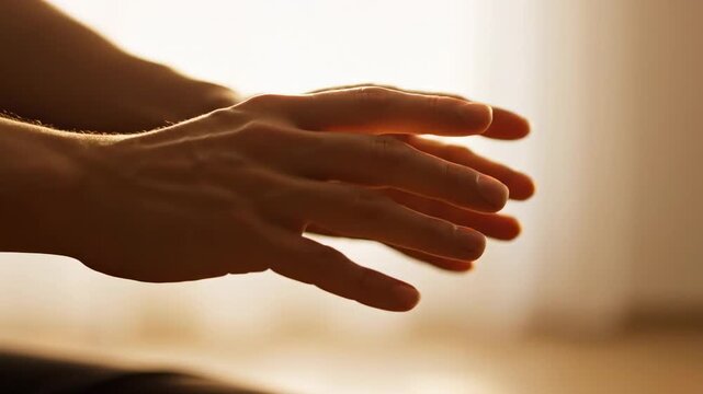 Hands of a person gently rubbing together in a warm light setting, showcasing a gradual motion of friction and warmth in a serene indoor environment