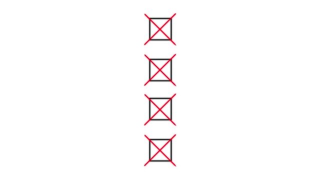 four Bullet point multiple choice checklist presentation boxes with thin animated hand drawn crosses on a plain simple white background 4K suggesting rejection, evaluation, or form completion