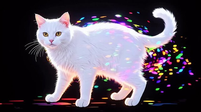 WhiteCatonBlackBackgroundwithColorfulLightEffects