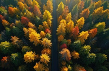 Fototapeta premium Aerial view of autumn forest with a road cutting through. Colorful trees show red, orange, yellow, and green foliage. Season change in nature landscape seen from above.