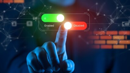 Naklejka premium A futuristic hand interacting with glowing toggle buttons on a dark technological interface with code background