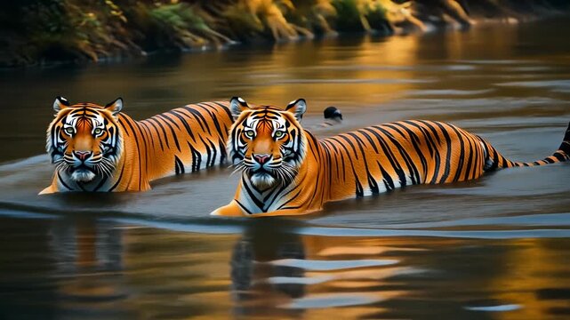 Two majestic tigers swimming in a calm river reflecting the sunlight through ripples and lush vegetation surroundings
