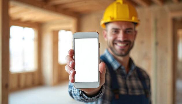 Construction worker holds smartphone mockup for app presentation. Man in helmet shows blank phone screen on building site. Future tech for job site.