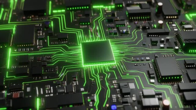 Futuristic AI motherboard spinning glowing green patterns smooth reflections seamless surreal ambience cascading softly abstract unique style ultra realistic loop
