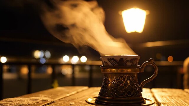 Steaming Cup of Turkish Coffee on Outdoor Terrace at Night