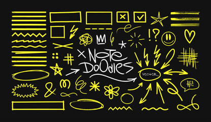 Marker highlighters, doodles, notes, underlines in universal graphic collection. School board, children's doodles and scribble in hand drawn style. Vector graphic set - highlighters and notes © SergeyBitos