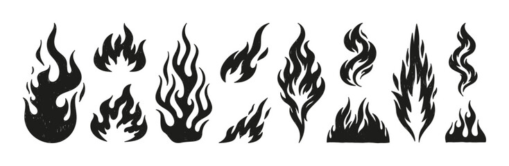 Hand drawn - flame silhouette, burning campfire, fire, tongues of flame in varied shapes and sizes, isolated on white. Simple silhouettes of fire, with traces of hand drawing. Vector set  © SergeyBitos