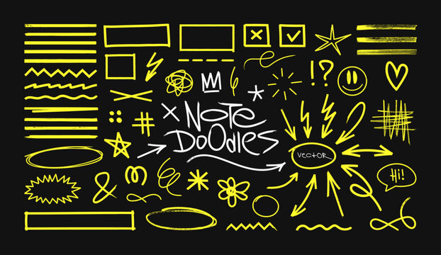 Marker highlighters, doodles, notes, underlines in universal graphic collection. School board, children's doodles and scribble in hand drawn style. Vector graphic set - highlighters and notes
