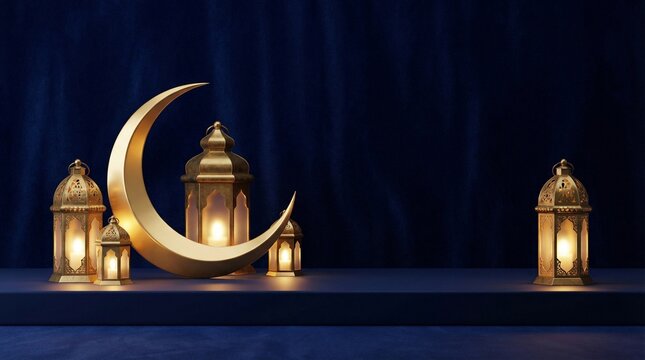 Elegant Ramadan Kareem Background with Golden Crescent Moon and Islamic Lanterns