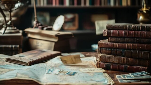 Stack of old books on a wooden desk in library