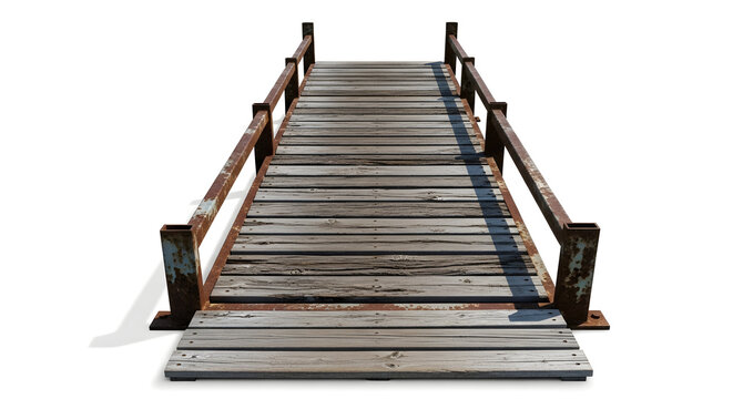 Rustic Old Wooden Bridge with Weathered Planks and Rusty Metal Railings on a White Background, Representing Connection, Journey, and Passage
