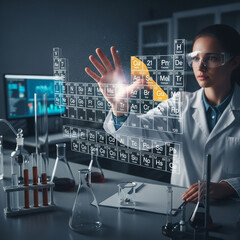 Woman in lab coat interacting with virtual periodic table elements in a modern laboratory setting with various glassware