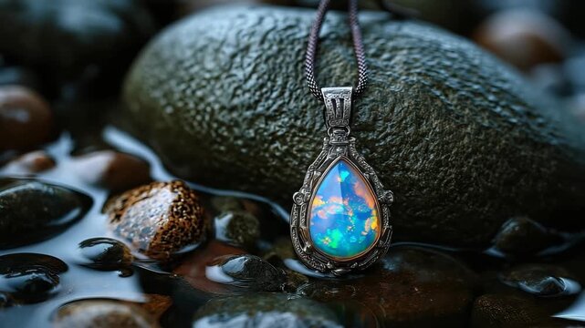 Exquisite Opal Pendant Resting on Dark Stones Surrounded by Glimmering Water Droplets