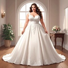 A plus-size bride in a classic white gown with a full skirt stands by a large arched window. The elegant dress features delicate floral detailing