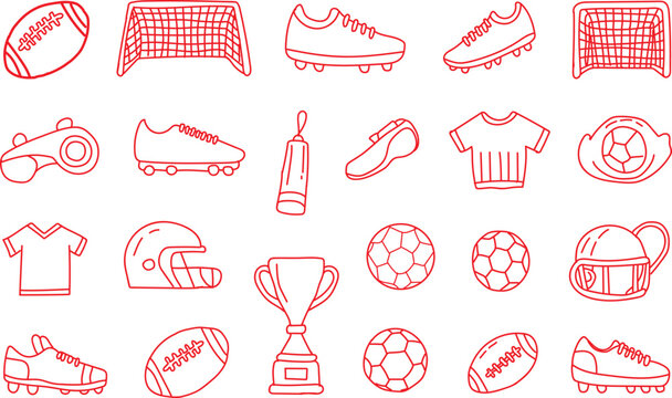 Collection of various sports equipment and achievement icons rendered in a simple red outline style featuring footballs soccer balls cleats jerseys goals helmets a whistle and a grand trophy symbolize