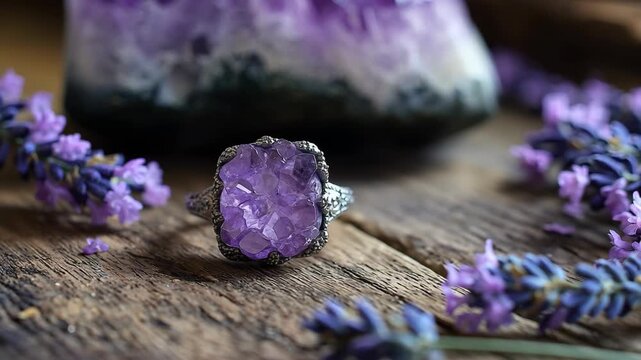 Amethyst Crystal Ring Surrounded by Lavender Flowers on Rustic Wooden Surface with Blurred Geode Background Displaying Rich Purple Hues