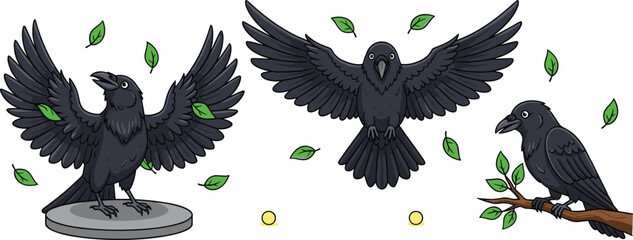 Black Crow Vector Illustration Set with Raven Characters Flying and Sitting on Tree Branch Isolated on White Background © Selina