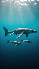 Ancient marine reptile pod with mother and offspring in underwater prehistoric habitat.