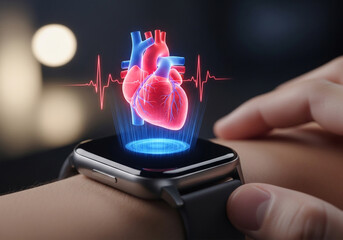 Smartwatch displaying a heart graphic with an ecg rhythm on a persons wrist in a dark environment