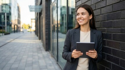 Businesswoman holding a tablet outdoors by modern architecture
