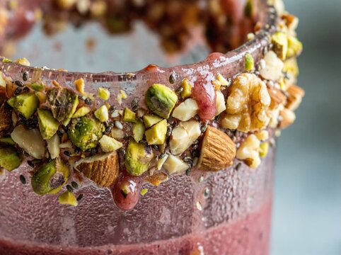 Macro Shot of Smoothie Glass Rim Garnish with Crushed Nuts and Seeds