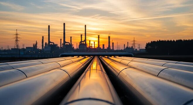 Rows of huge pipelines reflect sunset light, stretching towards a sprawling industrial plant