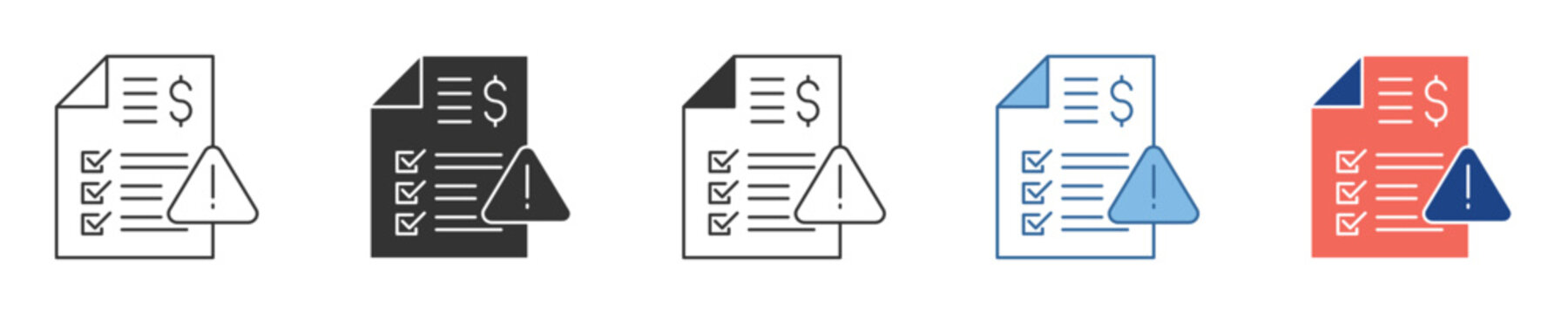 Collection of digital icons showcasing a document with a dollar sign and a warning symbol, symbolizing issues with financial statements, invoices, or billing discrepancies