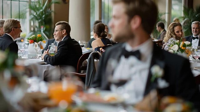 A tuxedo-clad gentleman indulges in a sophisticated gourmet meal, surrounded by the warm ambiance of elegant dining and the sound of lively conversation among refined guests at a luxuriously set table