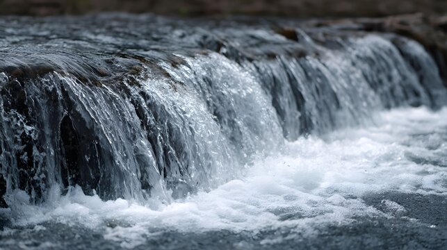 Detailed close up of a water cascade flowing over rocks with dynamic motion and white spray