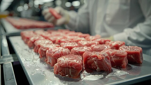 A worker in a clean environment inspects rows of freshly cut beef tenderloin medallions. The facility features a well-organized processing line, ensuring high hygiene standards