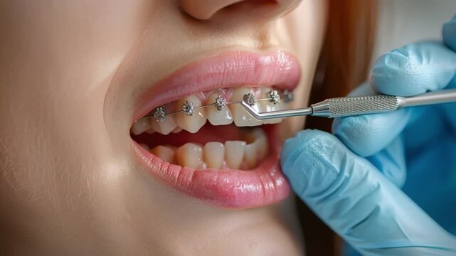 A young woman undergoes a routine orthodontic checkup in a modern dental clinic, seated comfortably in an adjustable dental chair, while a skilled dentist fine-tunes her braces, ensuring a healthy