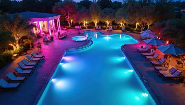 Large outdoor swimming pool with jacuzzi illuminated by colorful LED lights at night. Lounge chairs, umbrellas surround pool area. Tropical trees, building with columns in background. Inviting
