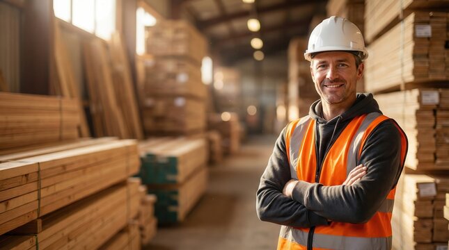 Confident worker portrait in industrial warehouse with lumber stacks