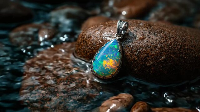 Close-up View of an Iridescent Opal Pendant Resting on Smooth Stones in a Serene Riverbed Setting