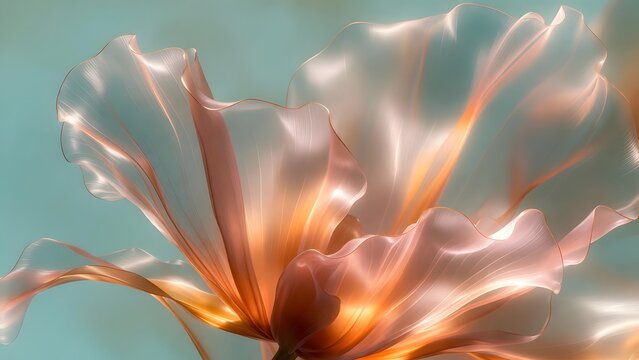Wide angle abstract translucent floral wave. Minimalist luxury background and elegant interior art. Soft orange light reflecting on glass like petal surface