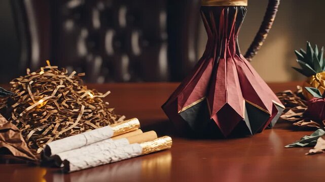 an arrangement of decorative items including paper leaves and rolled items. The items are placed on a wooden surface, creating a crafted atmosphere with intricate details.