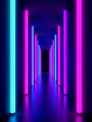 Futuristic Neon Lit Corridor with Vibrant Blue and Pink Glowing Tubes