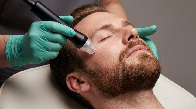 Handsome bearded man receiving professional facial treatment with microdermabrasion device in cosmetic clinic. Close up view of male skin care procedure by esthetician wearing green gloves.