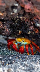 Bright yellow and red crab with blue accents crawls on a textured, gray and black sandy surface under rocks