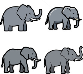 Fototapeta premium Charming illustrations of four playful cartoon elephants in various dynamic poses, perfect for children's designs, educational content, and cheerful animal-themed graphics
