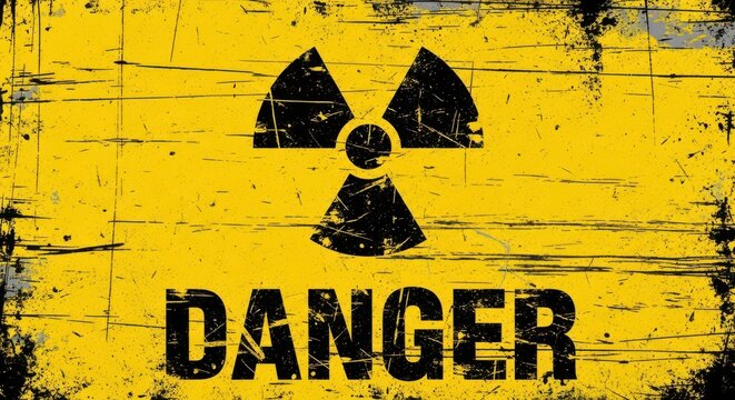 Danger nuclear symbol with radioactive warning on grunge distressed yellow background