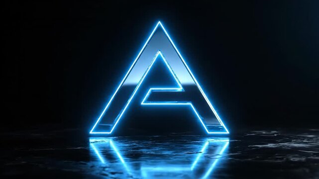 a glowing blue triangular shape, resembling the letter A, set against a dark background. The triangular shape is illuminated, casting reflections on the surface.