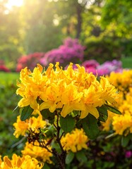 Bright yellow azalea bush in sunny garden, other pink and red blooms blur in background with green foliage