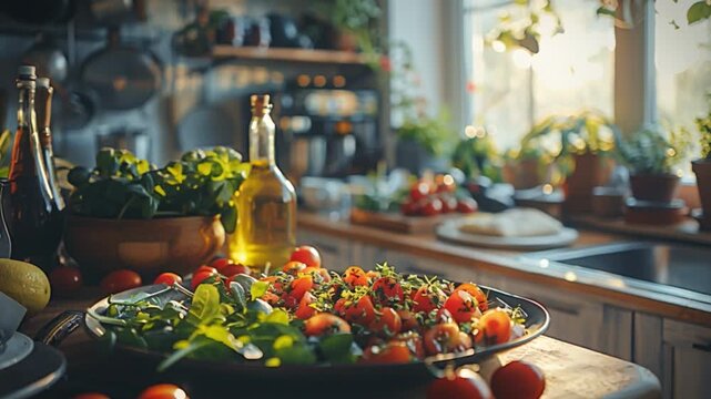 Chef meticulously crafts a nutritious salad comprising fresh greens and ripe tomatoes on a kitchen table, carefully arranging the ingredients while natural sunlight illuminates the cozy culinary space