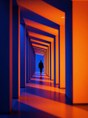 Man Walking Through Vibrant Blue and Orange Geometric Corridor