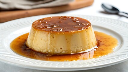 Caramel flan dessert on white plate with caramel sauce pooled around it