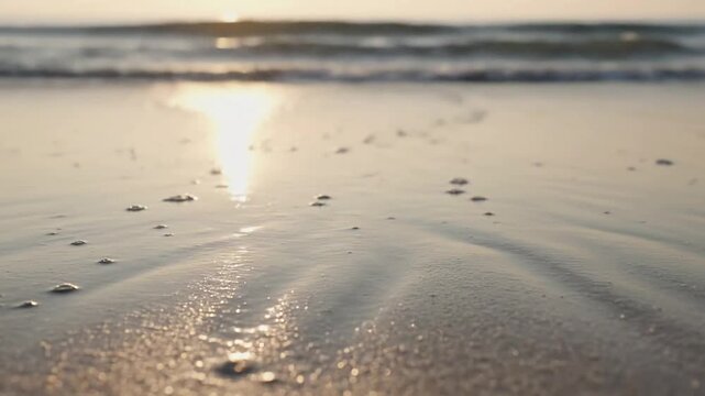 Gentle Waves on Shore, Side Lit A close-up of crystal-clear ocean water ebbing and flowing over pristine, wet sand at the water's edge, illuminated by soft, low-angle side light. The focus is on the