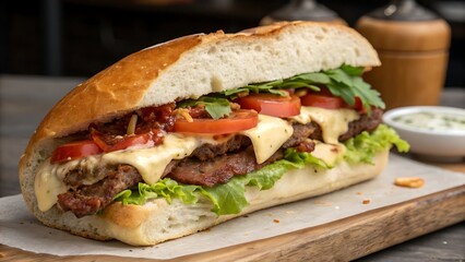 Large sandwich sub roll filled with meat, cheese, lettuce, and tomato